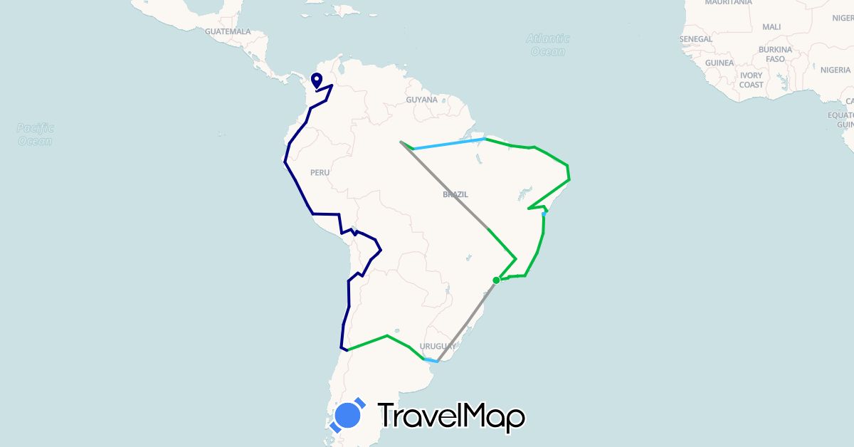 TravelMap itinerary: driving, bus, plane, cycling, boat in Argentina, Bolivia, Brazil, Chile, Colombia, Ecuador, Peru, Uruguay (South America)